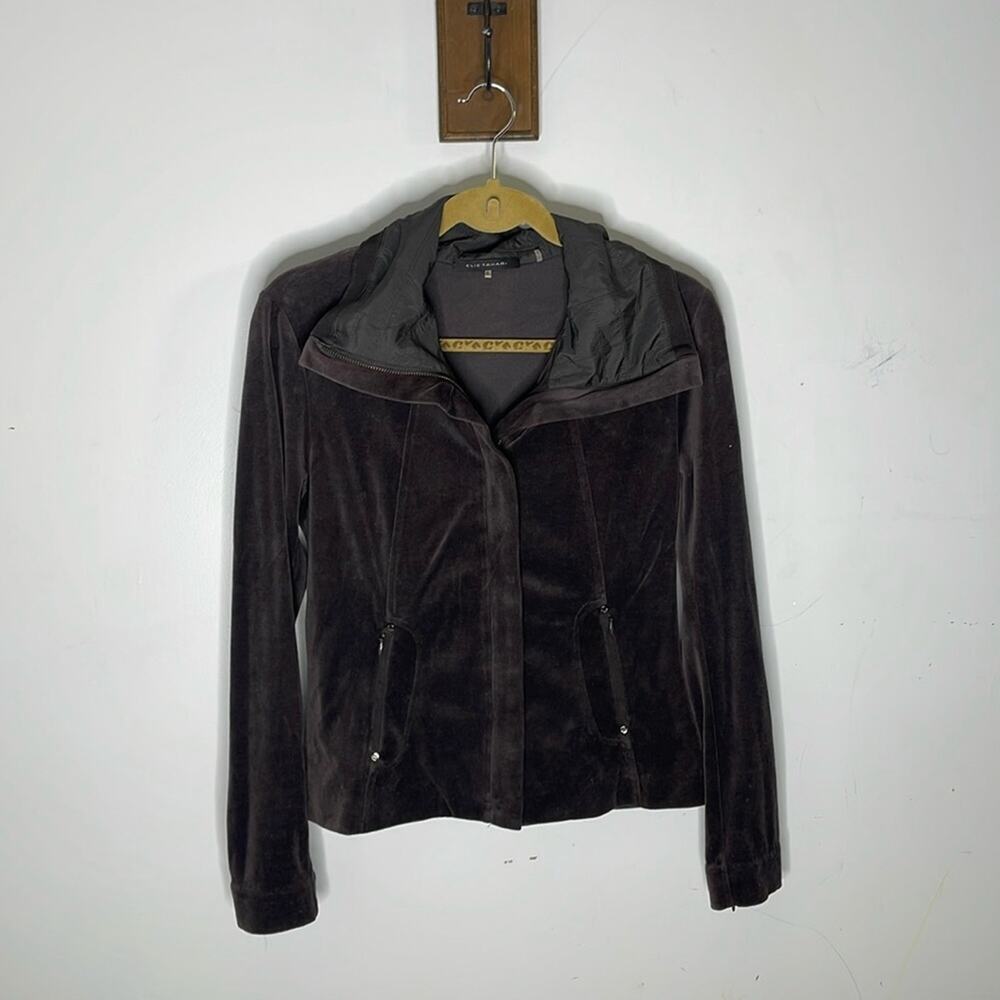 ELIE TAHARI Gray / Taupe Hidden Zip Fold Over Collar Velvet Like Jacket Size XS